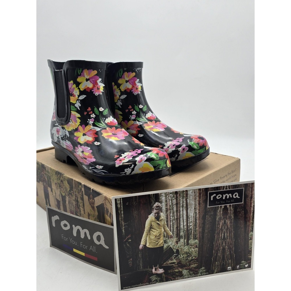 Roma Rain Boots Womens Size‎ 9 Black Floral Chelsea Ankle Rubber Waterproof New